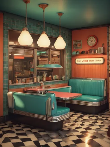 retro diner,vintage kitchen,soda fountain,soda shop,retro styled,fifties,diner,vintage theme,3d render,50's style,retro style,tearoom,ice cream parlor,tile kitchen,kitchenette,kitchen,ice cream shop,retro items,vintage style,the coffee shop,Illustration,Realistic Fantasy,Realistic Fantasy 12