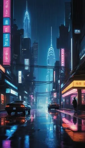 Free Dall E 2, futuristic cityscape, sleek skyscrapers, neon lights, holographic advertisements, flying cars zooming by, robotic pedestrians, cyberpunk atmosphere, rainy night, reflections on wet pave