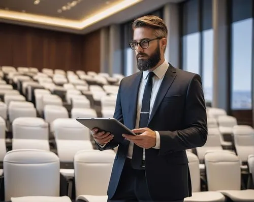 Modern architect, middle-aged man, glasses, short hair, beard, formal attire, white shirt, black tie, suit pants, black shoes, holding tablet, standing, speaking, presenting, Acadia conference, audito