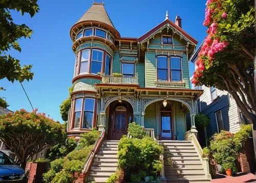 victorian house,duboce,old victorian,painted lady,taraval,haight,victorian,san francisco,sanfrancisco,divisadero,henry g marquand house,rowhouses,queen anne,rowhouse,sausalito,two story house,victoriana,brownstones,sf,bay window,Art,Classical Oil Painting,Classical Oil Painting 13