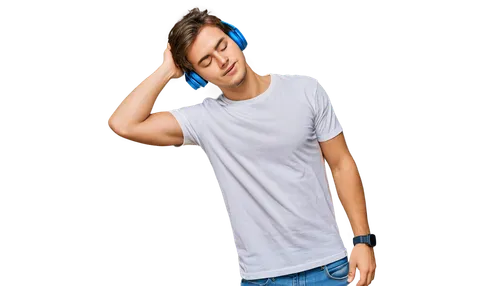 Man, young adult, casual wear, black headphones, messy brown hair, relaxed facial expression, closed eyes, leaning back, hands behind head, white T-shirt, blue jeans, sneakers, indoor setting, softbox