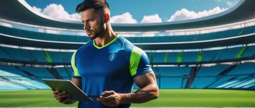 Football stadium creator, muscular man, 30s, short hair, sporty outfit, holding a tablet, designing a futuristic stadium, modern architecture, sleek lines, massive screens, vibrant green grass, bright