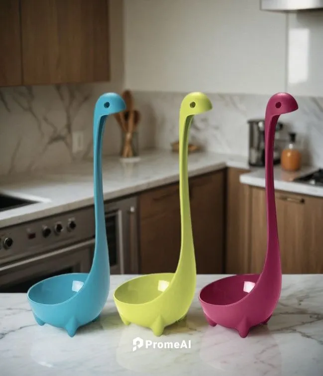 three plastic swan bowls sit on the counter top,kitchen utensiles,kitchen utensils,ladles,spatulas,kitchen mixer,kitchen utensil