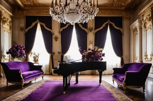 grand piano,baccarat,ritzau,chateau margaux,opulently,rich purple,the piano,ornate room,steinway,imperiale,opulence,opulent,chambre,lanesborough,interior decoration,violaceous,royal interior,great room,interior decor,luxury home interior,Illustration,Retro,Retro 21