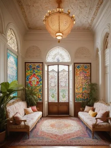 interior decor,sitting room,ornate room,foyer,entrance hall,parlor,orangery,dandelion hall,victorian room,lobby,breakfast room,art nouveau frames,orangerie,great room,children's interior,paintings,interior decoration,murals,stained glass windows,driehaus,Conceptual Art,Daily,Daily 26