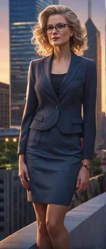 female, Sheila Kennedy, standing pose, elegant glasses, wavy blonde hair, light makeup, business attire, blazer, pencil skirt, high heels, confident expression, urban background, skyscrapers, bustling