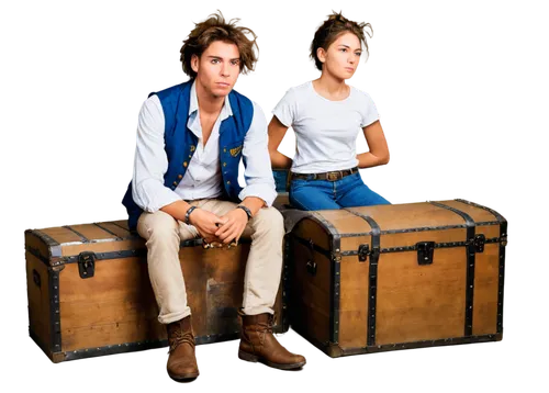 Pirate, young man, bandana, messy brown hair, golden earring, white shirt, open chest, blue vest, brown pants, boots, holding guitar, sitting on treasure chest, warm lighting, shallow depth of field, 