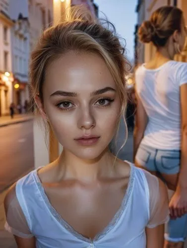 The scene takes place in a busy city. High resolution, background very blurred.,a young woman looks at her reflection in the mirror,girl in t-shirt,polina,girl making selfie,shipka,girl walking away,v