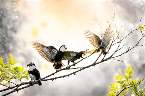 Birds, multiple birds, perched, flying, feathers, wings spread, beaks, eyes, talons, branches, trees, morning dew, soft sunlight filtering through leaves, 3/4 composition, shallow depth of field, warm