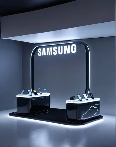 Samsung , booth ทึบขายโทรศัพท์มือถือ , วัสดุสีดำ, มีป้ายบนโครงเหล็กสีดำ ฝ้าโปร่ง มีไฟ track light  , สีเหลี่ยมผืนผ้า มุมมน , ติดสื่อโฆษณาเป็นกล่องไฟหน้าตู้วางโทรศัพท์สีดำ , อยู่ในห้างสรรพสินค้าหรูหรา 