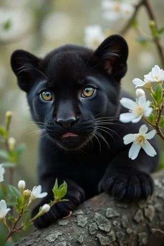 photorealistic, panther portrait, white flowers, cherry tree, natural light, baby black panther,black cat lying on a tree nch with flowers in the background,panther,melanism,head of panther,great puma