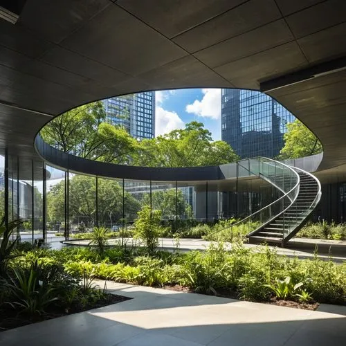 rainforest, stainless steel, glass, raining, sky line, refelction, open to the sky, people walking, art gallery, seating, high refelction white ceiling, concrete floor, surrounding by tall office buil