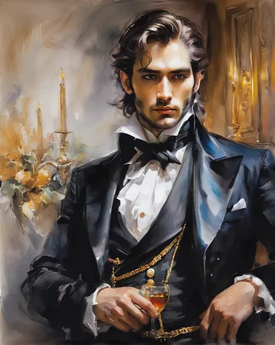 the count of monte cristo，by Anna Razumovskaya,aristocrat,abraham lincoln,lincoln,romantic portrait,cravat,gentlemanly,italian painter,french digital background,the groom,oil painting on canvas,fantas