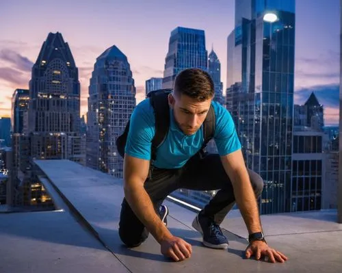 Professional male photographer, 30s, casual clothing, Canon EOS camera, tripod, backpack, serious expression, crouching, architectural photography, modern skyscraper, cityscape, blue hour, dramatic li