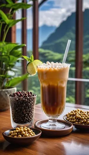 Bubble Tea-Taiwan, a playful and trendy tea concoction featuring chewy tapioca pearls, black tea, milk, and various flavors with Taiwanian traditional beautiful background and in Taiwanian traditional