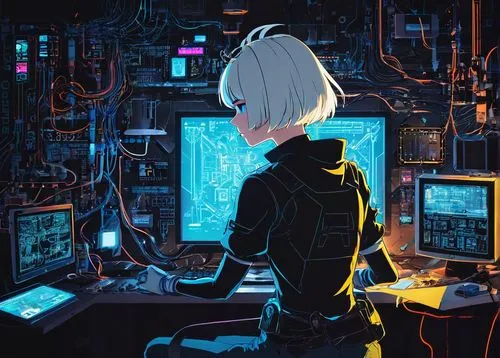 cyber,cyberpunk,cyberspace,girl at the computer,computer,cybernetics,man with a computer,computer addiction,computer freak,coder,circuitry,operator,connected,computer room,rei ayanami,cyber glasses,scifi,connections,hacking,virtual world,Illustration,Vector,Vector 21