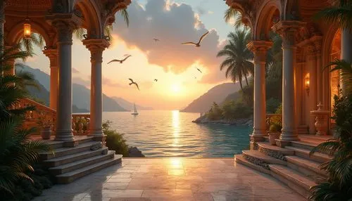 fantasy landscape,dorne,world digital painting,landscape background,ramadan background,arabic background,karakas,maghreb,fantasy picture,coast sunset,theed,summer evening,tropical sea,paradisus,tropical island,dusk background,sunset,uncharted,summer background,paradises,Photography,General,Realistic