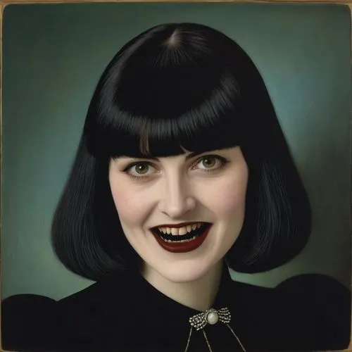 caucasian pale-skinned vampiress with bangs and short black hair dressed in formal wear are showing her fangs,a painting of a woman with dark hair and large smiling teeth,portrait of christi,gothic po