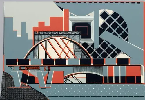 frontal composition of geometric shapes, lines on the theme of a bridge in the city,the abstract painting has been designed by an artist,bawden,art deco border,serigraphs,bluemner,depero,archigram