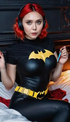 ((Elizabeth Olsen))(((simple real image)))(((sexy)))) geek, nerd.wearing short bikini, ((((black batman  t-shirt))), big earphones ((red-white hair))  , sitting at the bed in a nerdy room, at night, l