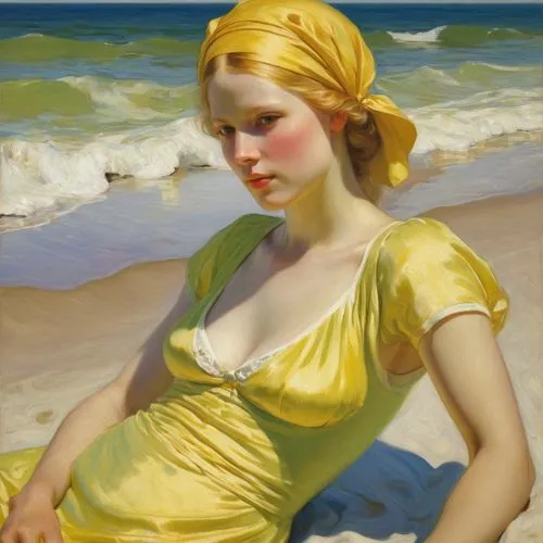 a depiction of the beauty of the female body;  enjoy yourself more; beach scene,whitmore,horst,swahn,sorolla,mortenson,colwell,swynnerton,hettinger,cassatt,currin,guccione,daines,yellow sun hat,vermei