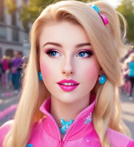 Blonde, beautiful smiling lady dressed like a Cosplay roller-skating Barbie with blue eyes, wearing a bright pink and colourful skating outfit with cerise lipstick and a long blonde ponytail, outdoor 