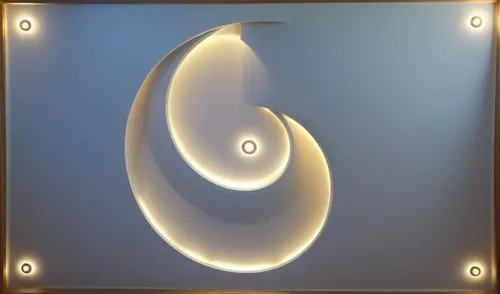 gypsum decoration in the ceiling of a room with hidden LED lighting,illuminated wall artwork of two circles and lights,wall light,wall lamp,plasma lamp,volute,circle shape frame,magatama,Photography,G