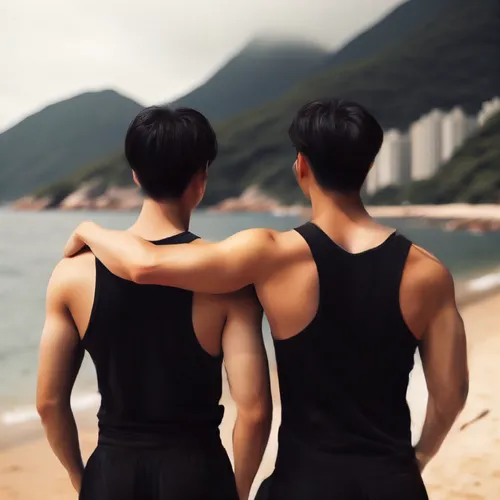 muscles,kimjongilia,manly,pair of dumbbells,tan chen chen,muscle angle,gay couple,sailors,rowers,swimmers,spy visual,so in-guk,beach goers,sails a ship,beach background,workout icons,twin towers,husba