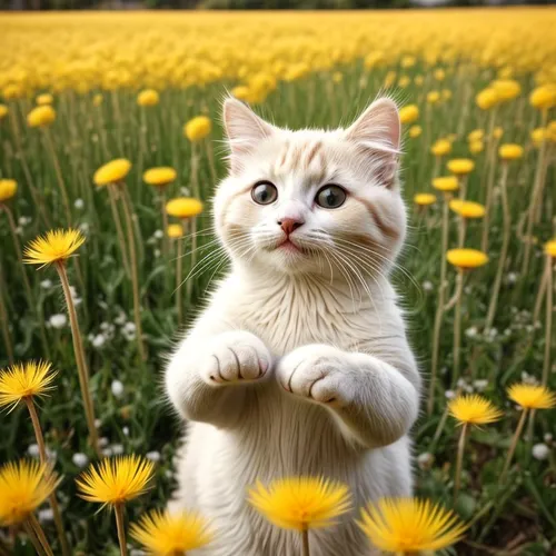 cat, cartoon, animation shaping his hand in a heart shape between dandelions,blossom kitten,flower cat,cute cat,picking flowers,on a wild flower,cute animals,holding flowers,funny cat,paw,flying dande