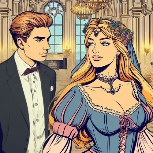 A white shirt,a man and woman dressed in costume standing in front of a drawing of a palace,maxon,wedding icons,wedding couple,prince and princess,dressup,melian