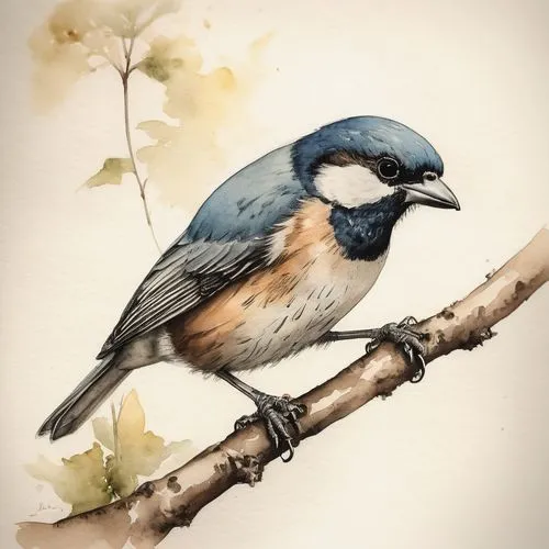 a vintage naturalist sketch in ink and watercolor with a white backdrop,bird painting,watercolor bird,chickadee,bluejay,western bluebird,bird illustration,chestnut-backed chickadee,titmouse,eastern bl