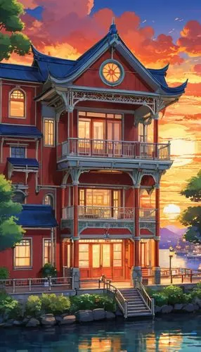 house by the water,yamashiro,house silhouette,house with lake,seaside resort,asian architecture,houseboat,teahouse,ghibli,apartment house,imagawa,wooden house,dreamhouse,wooden houses,kotoko,kazoku,nakama,houseboats,dusk background,asanosho,Illustration,Japanese style,Japanese Style 03