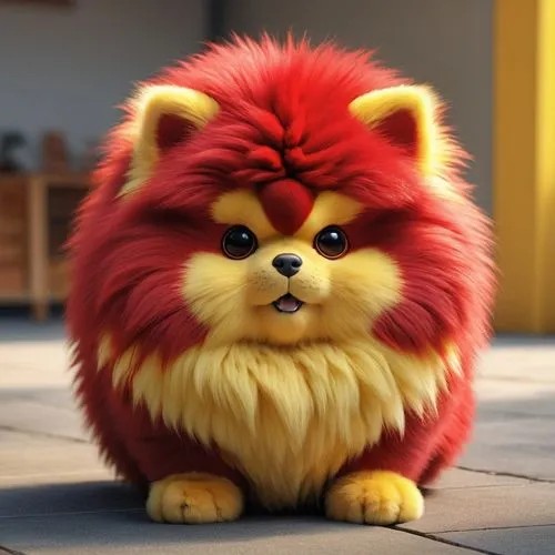 red and yello,fluffy, plush, 3D art, depth of field,high quality,high detail,high degree of precision,,pomeranian,little lion,forest king lion,chow-chow,lion,chow chow,lion - feline,skeezy lion,lion h