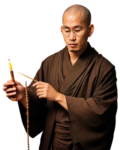 Monk, Buddhist priest, solemn expression, shaved head, brown robes, golden rosary beads, prayer wheels, incense sticks, candles lit, sacred scripture, intricate wood carvings, dim warm lighting, soft 