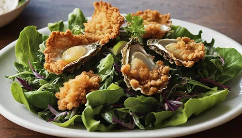 Write a description of the crispy fried oyster with a hint of tanginess and serve it on a bed of fresh greens.,soft-shell crab,fried clams,sea salad,grilled mussels,oysters rockefeller,oysters,calamar