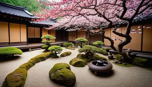 Traditional Japanese temple, intricately carved wooden doors, curved tiled roofs, moss-covered stone walls, serene inner courtyard, bonsai trees, lanterns, cherry blossom trees, soft natural light fil