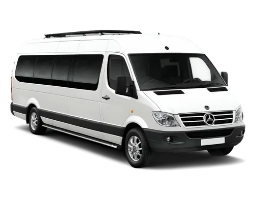 Large passenger van, 15-seater, white exterior, silver trim, alloy wheels, sliding side doors, rear view camera, chrome grille, LED headlights, fog lights, roof rack, tinted windows, clean interior, b