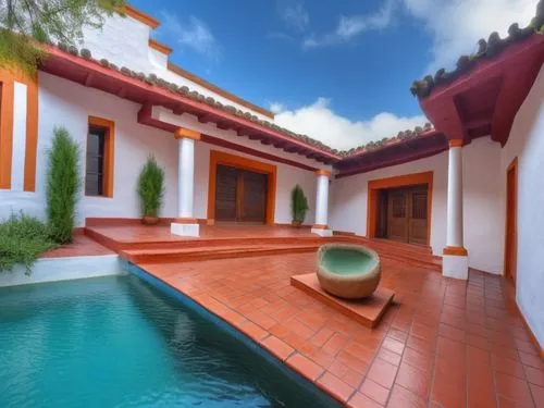 DISEÑO DE UNA CASA ESTILO MEXICANO MODERNO, CON UN CLAUSTRO CONFORMADO POR UNA TERRAZA  A BASE DE VIGAS DE MADERA, TEJA, COLUMNAS REDONDAS, EN EL CENTRO UN ESPEJO DE AGUA, CON EL ESTILO DE LA ARQUITEC