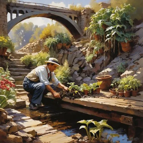 landscaper,woman at the well,gardener,gardeners,robert duncanson,italian painter,Conceptual Art,Oil color,Oil Color 09