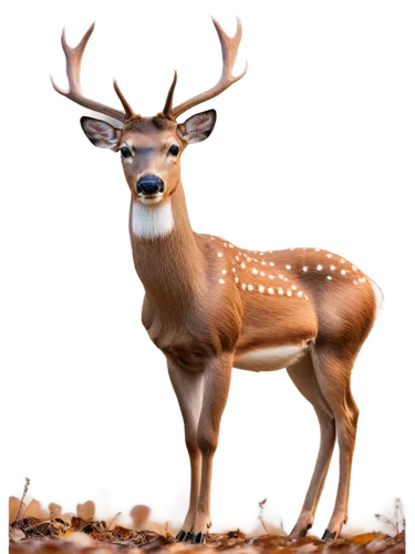 White-tailed deer, solo, (adult), brown fur, white underside, gentle eyes, slender legs, majestic antlers, peaceful atmosphere, forest background removed, soft focus, cinematic composition, warm color