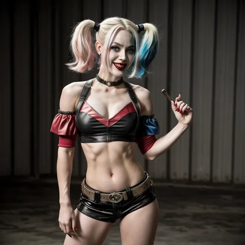 Harley Quinn wearing a very short crop top revealing underboob,harley quinn,harley,puddin,sindel,alexa,shanna,gwen,bulletgirl,jinx,cosplay image,daffney,lufisto,superheroine,strongwoman,cammy,darkstal