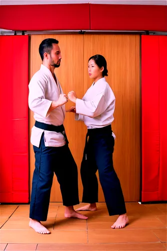 Karate dojo, Japanese-style room, wooden floor, traditional tatami mats, Shomen wall, Noren curtain, Karate practitioners, men and women, various ages, dynamic poses, kicking, punching, blocking, ki-h