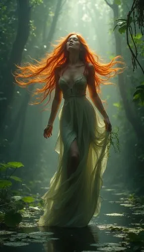 As the misty air swirls around a grotesque swamp, a radiantly sexy woman with long, flowing red hair takes flight, radiating a radiant aura. She transforms into a fiery expression, sending vines dripp