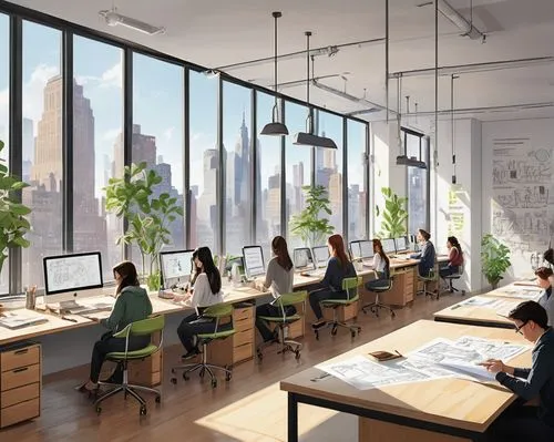 Interior design school in NYC, modern minimalism, urban industrial, wooden floors, white walls, floor-to-ceiling windows, natural light pouring in, rows of workstations with Macs and drawing tools, st