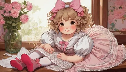 sylvania,haru,kururi,chieri,chihiro,chiusa,minako,pink bow,kokoro,country dress,gyaru,noyori,printemps,nanako,chiaki,nanami,hinako,bloomie,hanami,holding flowers,Illustration,Retro,Retro 03