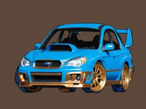 a blue finish subaru impreza with bronze wheels,blue and gold subarun car with big wheels,3d car model,3d car wallpaper,wrb,small car,cartoon car,mini,Illustration,Vector,Vector 07