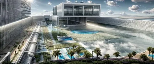 futuristic art museum,futuristic architecture,futuristic landscape,infinity swimming pool,sky space concept,diamond lagoon,skyscapers,water cube,aqua studio,arq,largest hotel in dubai,urban development,solar cell base,3d rendering,tallest hotel dubai,roof top pool,modern architecture,hotel barcelona city and coast,water wall,dubai fountain