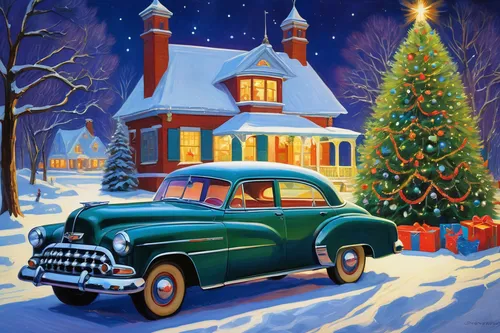 Imagine a magical moment where a retro Chevrolet becomes the centerpiece of a holiday celebration, surrounded by joy and a beautifully decorated Christmas tree,retro chevrolet with christmas tree,chri