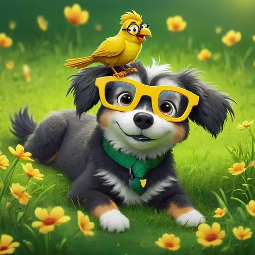 cute cartoon image,spring background,flower and bird illustration,springtime background,cavalier king charles spaniel,tibetan spaniel,love bird,children's background,cheerful dog,japanese chin,flower background,yellow daisies,cute cartoon character,paper flower background,dog illustration,king charles spaniel,waxeye,aa,dog cartoon,lovebird,Conceptual Art,Fantasy,Fantasy 02