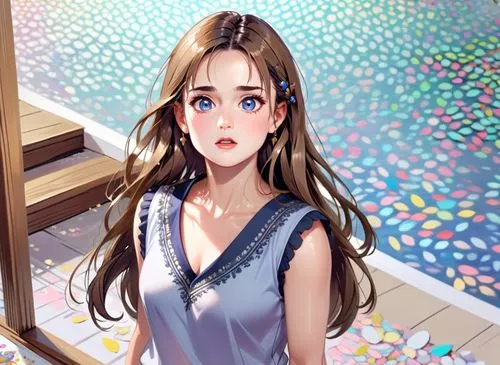 young demi moore,an anime style girl standing on a boardwalk,tsumugi kotobuki k-on,aerith,mikimoto,chihaya,overpainting,girl drawing,Anime,Anime,General